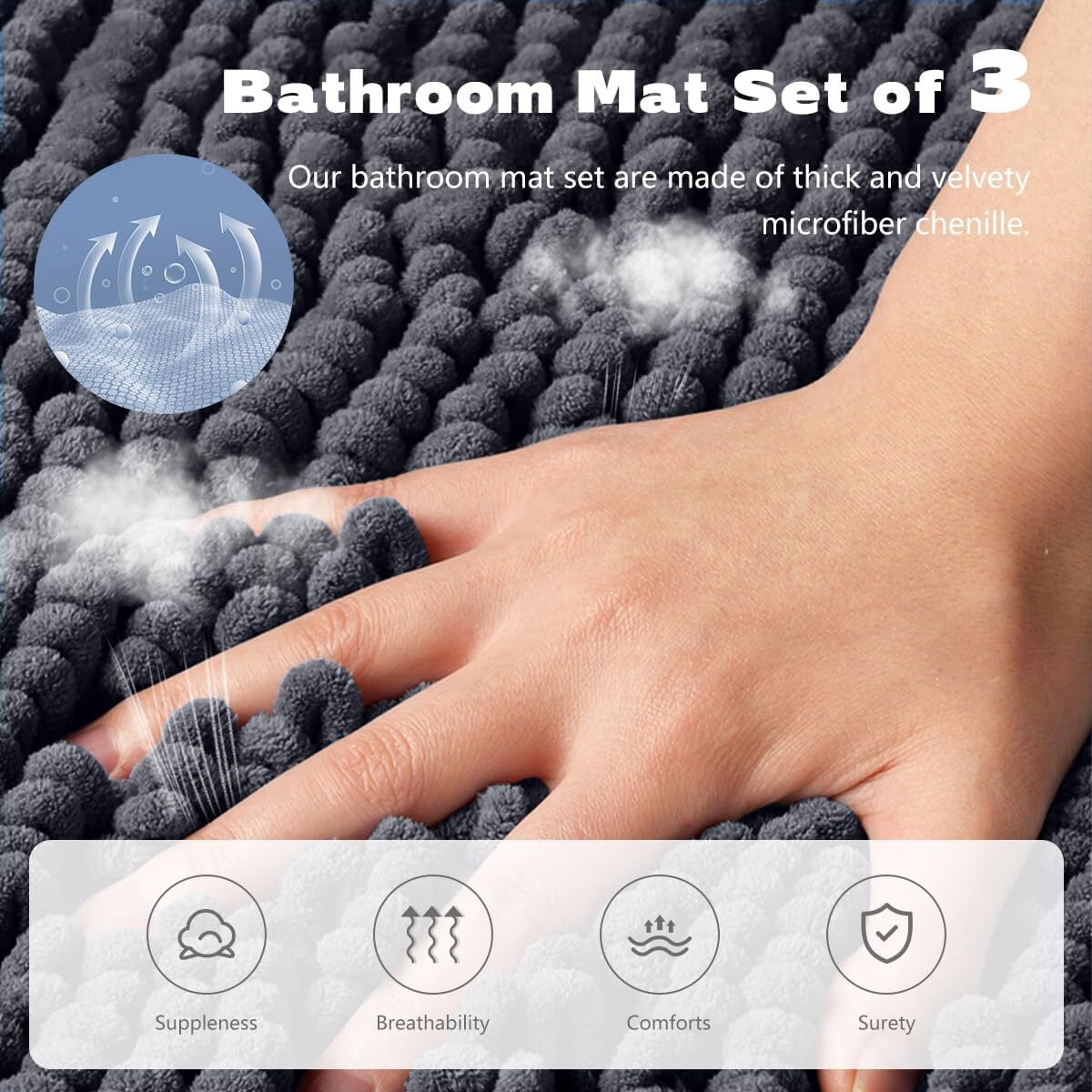 GoXteam Bathroom Rugs Chenille Bath mat 3 Piece Set, Super Absorbent, Strong PVC Non Slip Backing, Bath mats for Bathroom, Plush Shaggy, Thick, Machine Washable, Bathtub, Toilet, Coral