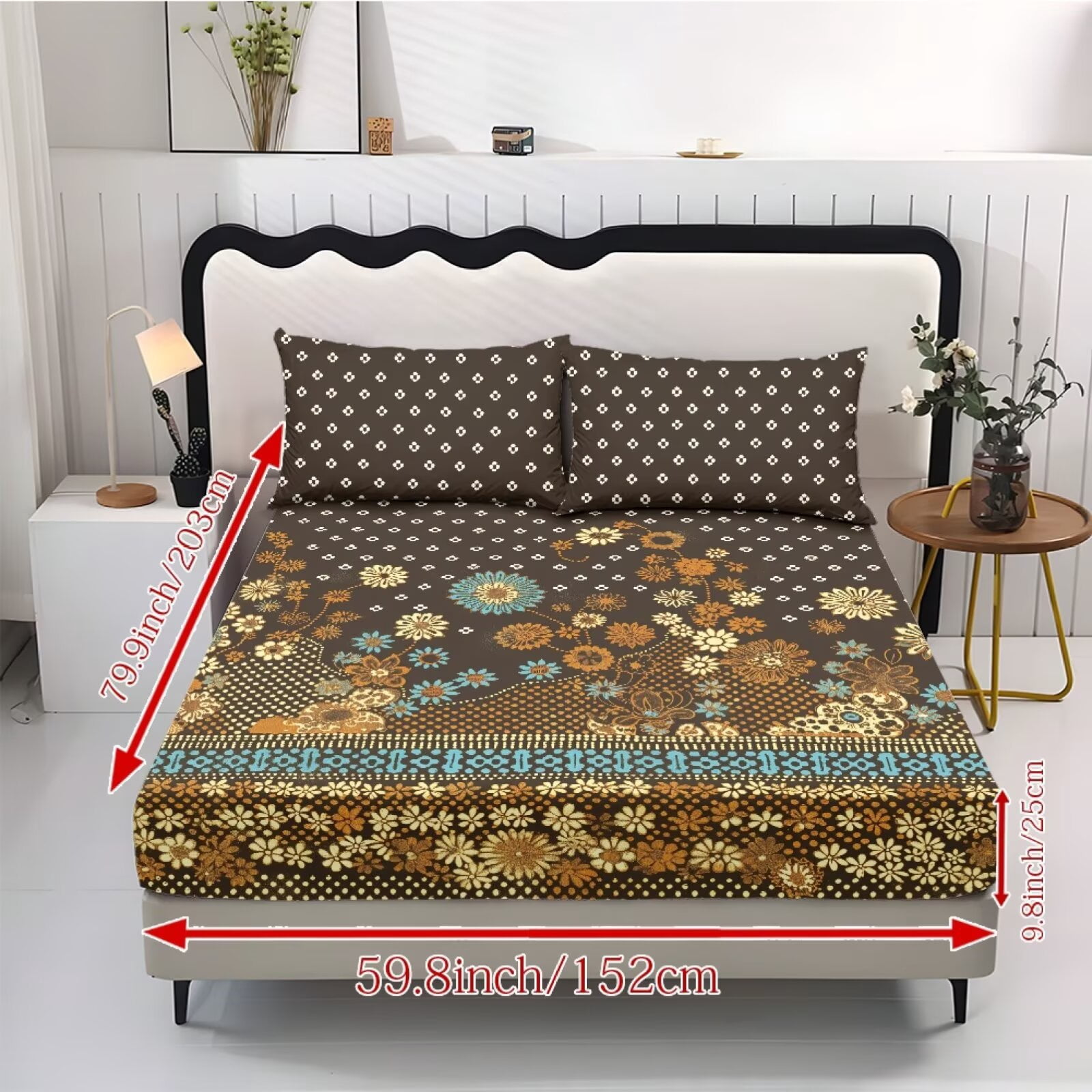 ZIATUBLES King Bed Sheets Set, 3-Piece Lightweight Comfy Bedding Set with Brown Vintage Floral Print, Soft Breathable Fitted Sheet with Elasticized 9.8" Pocket and 2 Pillowcases