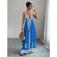 thumbnail image 7 of Royal Blue Floral Embroidered Deep V-Neck Halter Maxi Dress For Women Boho Beach Vacation Long Dress, 7 of 7