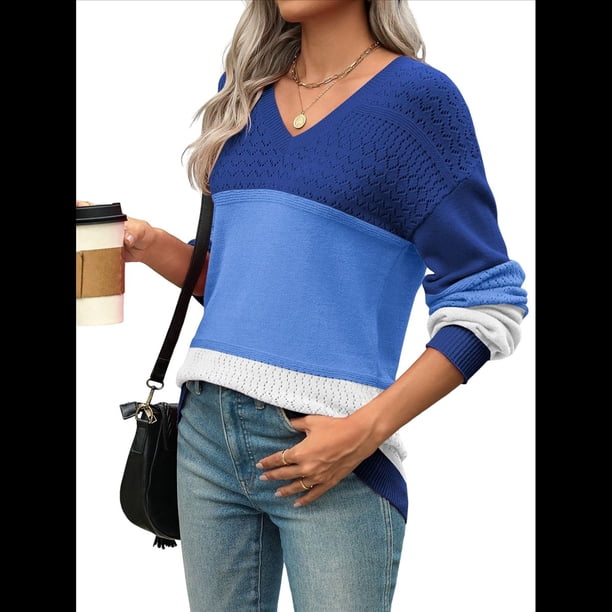 Suéter Informal de Larga con Cuello en V, Tejido Acanalado y Crochet Ligero para Mujer (Otoño 2025) Azul M