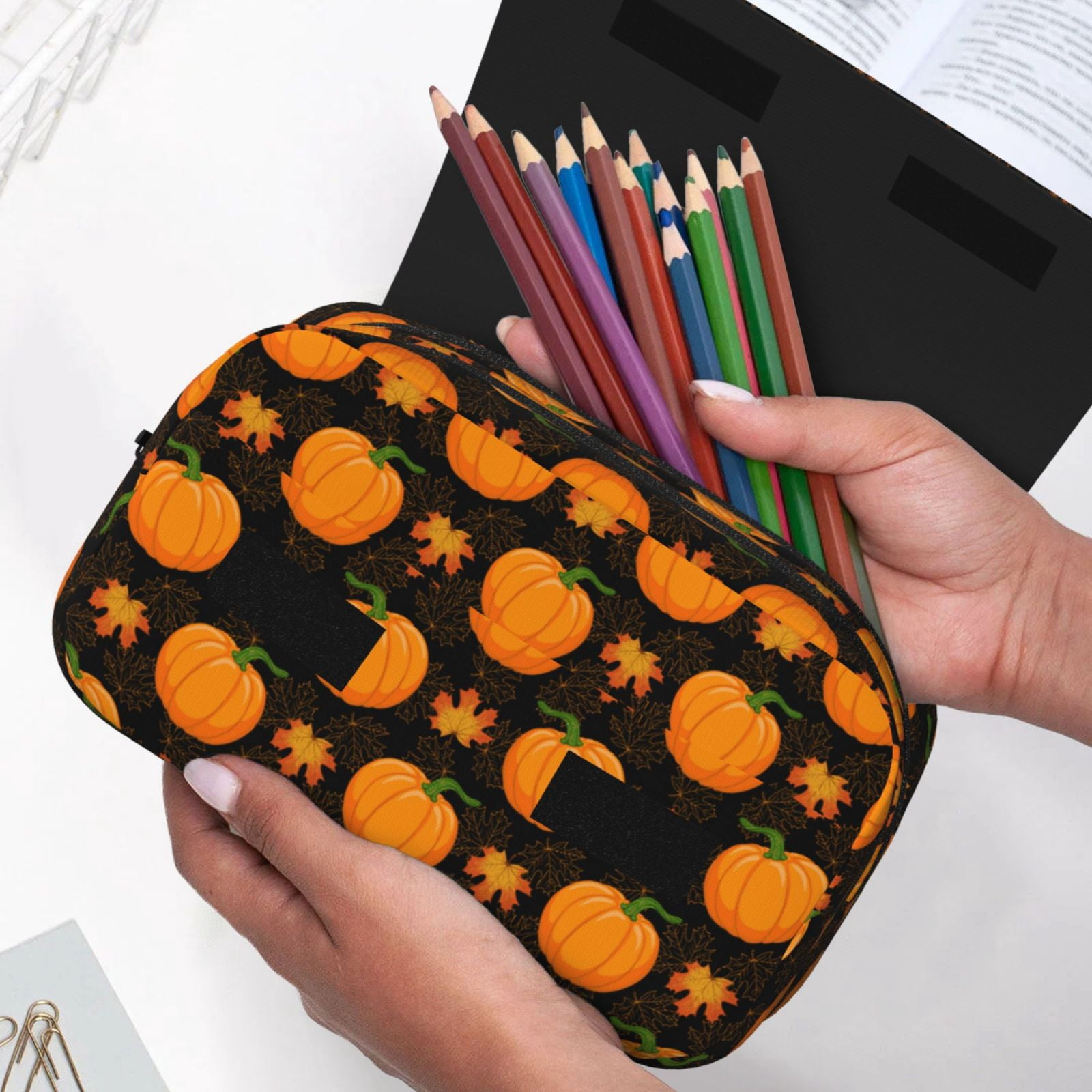 Rateoe Orange Pumpkin And Autumn Maple Pattern Double Clamshell Pen Case, Storage Organizer with Two Zipper Compartments– Holds Up to 50 Pencils & Pens