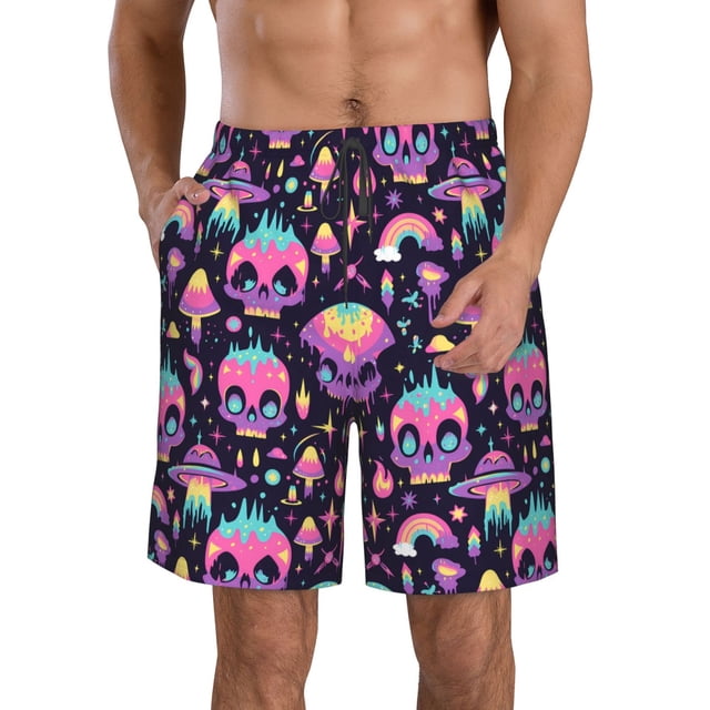 Fotbe cartoon Skull rainbow space Trajes de Baño Estampados para Hombre, Shorts de Verano de Secado Rápido, Ropa de Playa, Bañadores-X-Large