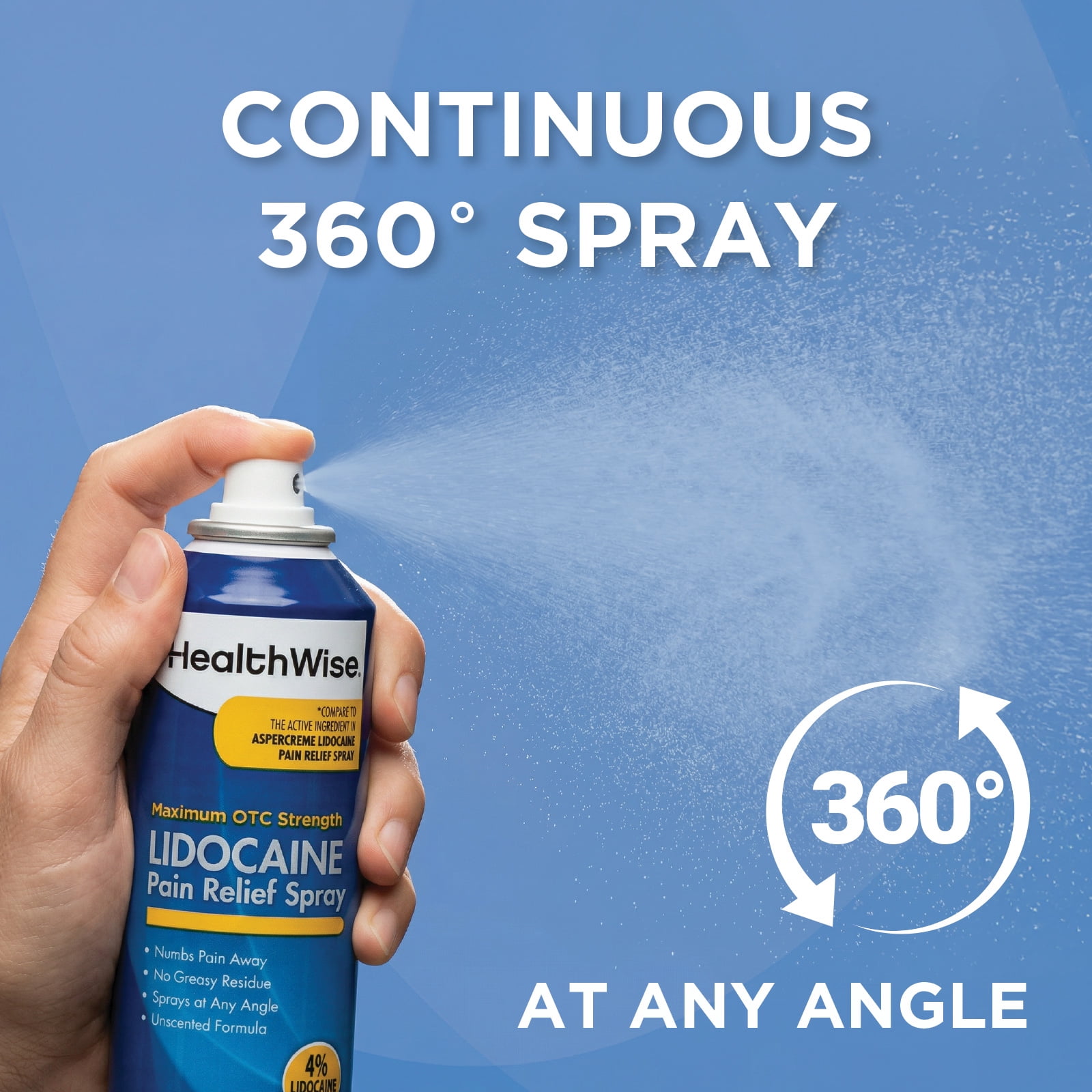 HealthWise 4 % Lidocaine Pain Relief Spray | OTC Strength | 4 oz. 133 mL | Non-Greasy, Unscented | Immediate Penetrating Action | Sprays at Any Angle
