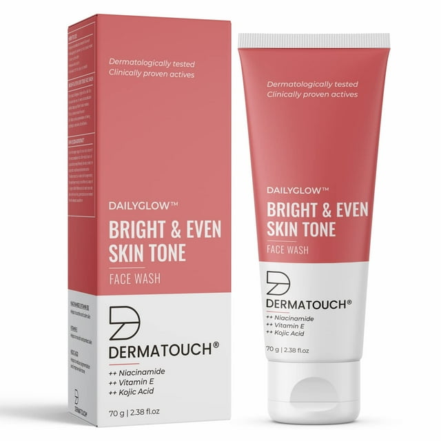 DERMATOUCH Nettoyant pour le Visage au Teint Vif et Uniforme, 70 g Chacun, Lot de 2. l'Image Présente un tube et une Boîte avec un Motif Rose et Blanc, Mettant l'Accent sur la niacinamide, la Vitamine E et l'Acide Kojique comme Ingrédients Actifs. Ce Nettoyant pour le Visage Est Testé Dermatologiquement pour Enlever la Saleté, l'Excès d'Huile et les Polluants Tout en Préservant l'Hydratation Naturelle de la Peau.