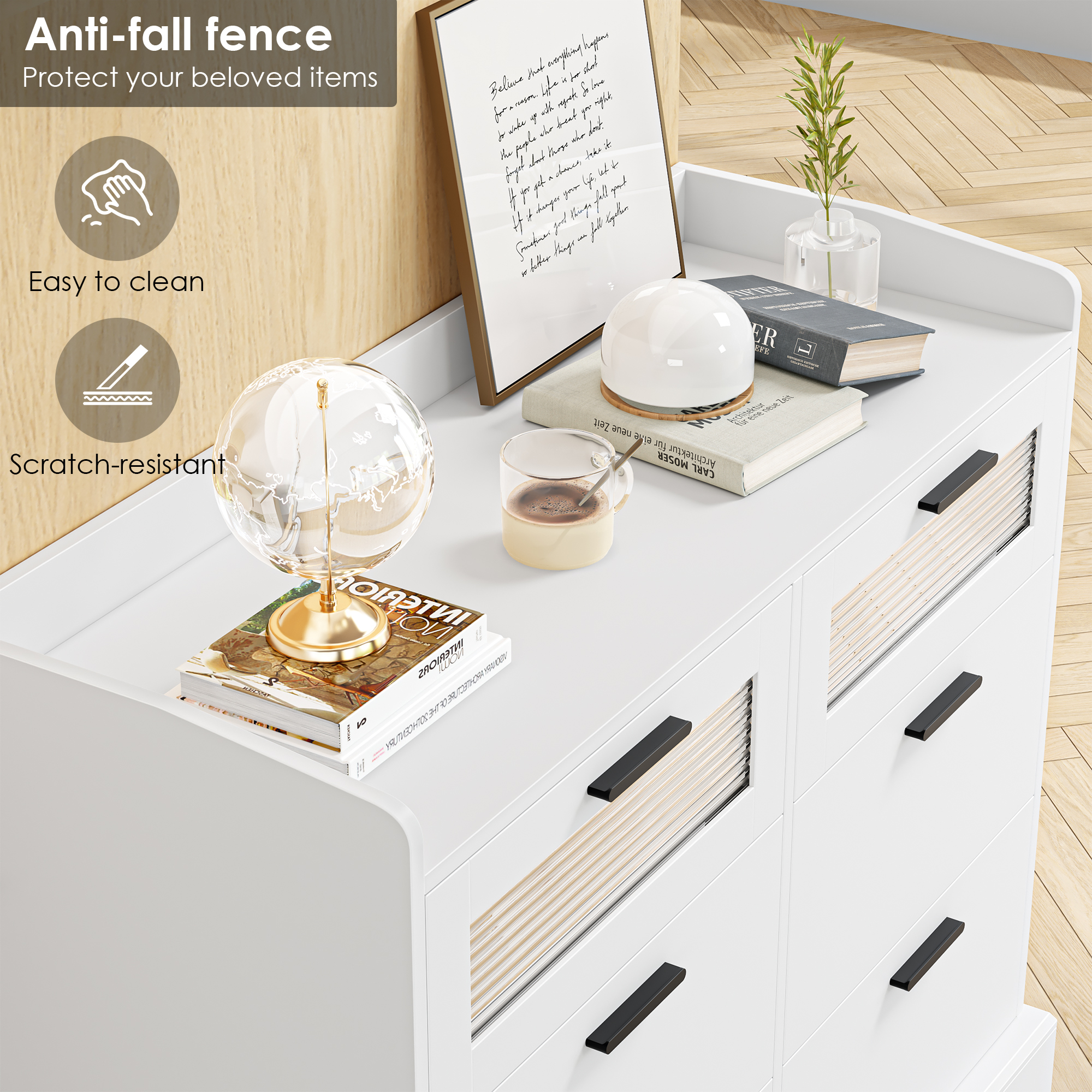Homfa 6 Drawer Horizontal Dresser with Fence, White Chest Dresser with Glass Drawer for Bedroom - image 5 of 5