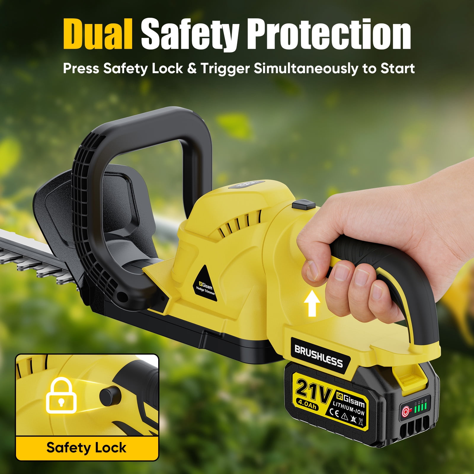 Gisam Cordless Rotary Hedge Trimmer, 21" Dual-Action Blade Electric Handheld Shrub Trimmer, with 2 x 4.0Ah Battery and Fast Charger