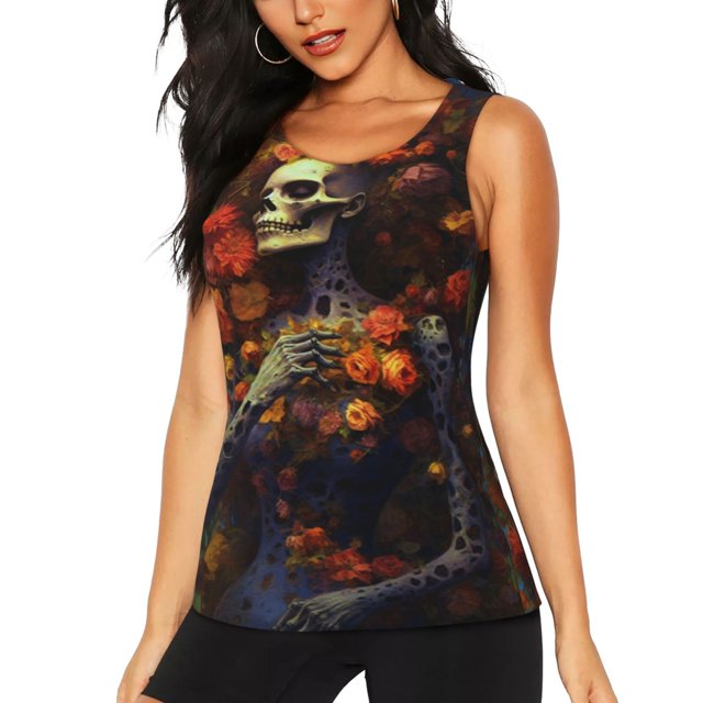 Balery Vintage Floral Skull Camiseta sin mangas estampada ligera para mujer, tops de entrenamiento sin mangas, camisetas de yoga transpirables de secado rápido.-XX-Large