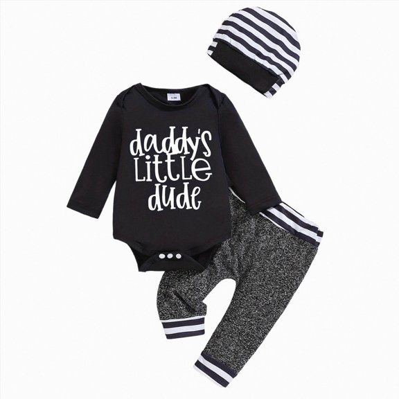 Wonitaaizi Newborn Baby Boy Clothes New to The Crew Letter Print Romper Pants Hat 3PCS Outfit(3-6 Months,Black)