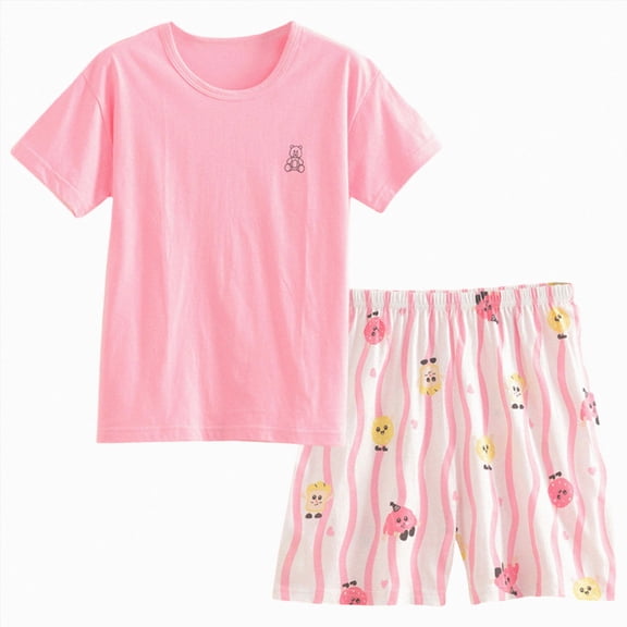 kmaduk Girls Pajama Set 100% Cotton 2 Piece Pjs Short Sleeve Sleepwear for Kids Age 5-14 Years Pink,Size 13-14 Years