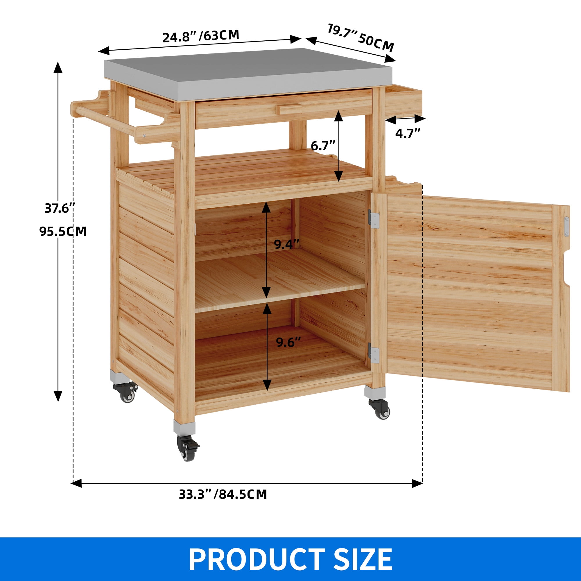 Uforic Wood Kitchen Storage Cart with Stainless Steel Top, Grill Cart for Outdoor & Indoor, Natural