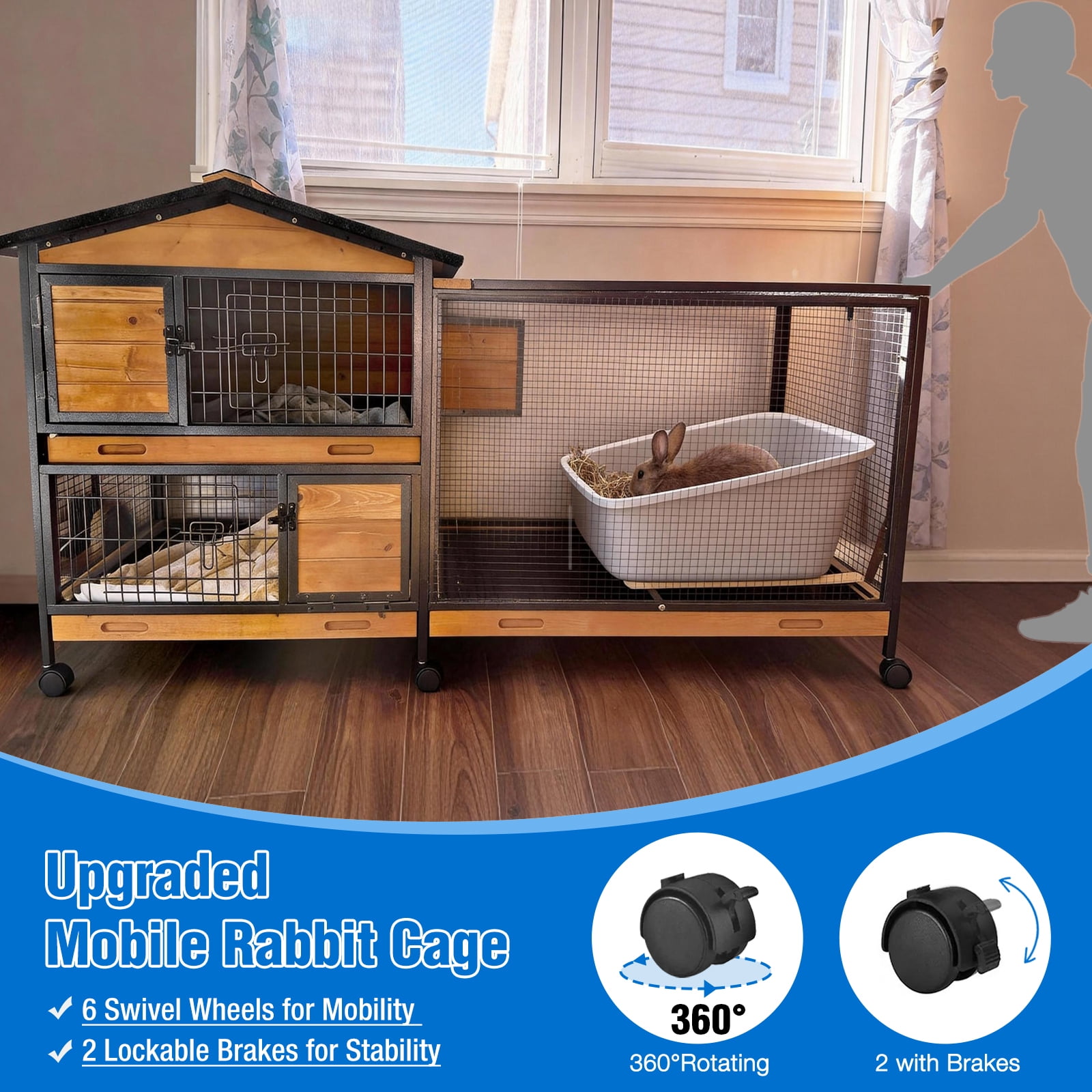 Suumerpety Rabbit Hutch on Wheels Indoor Rabbit Cage Outdoor Bunny Hutch with 3 Plastic Trays & Anti-Chew Ramp Metal Frame Guinea Pig Cage Natural
