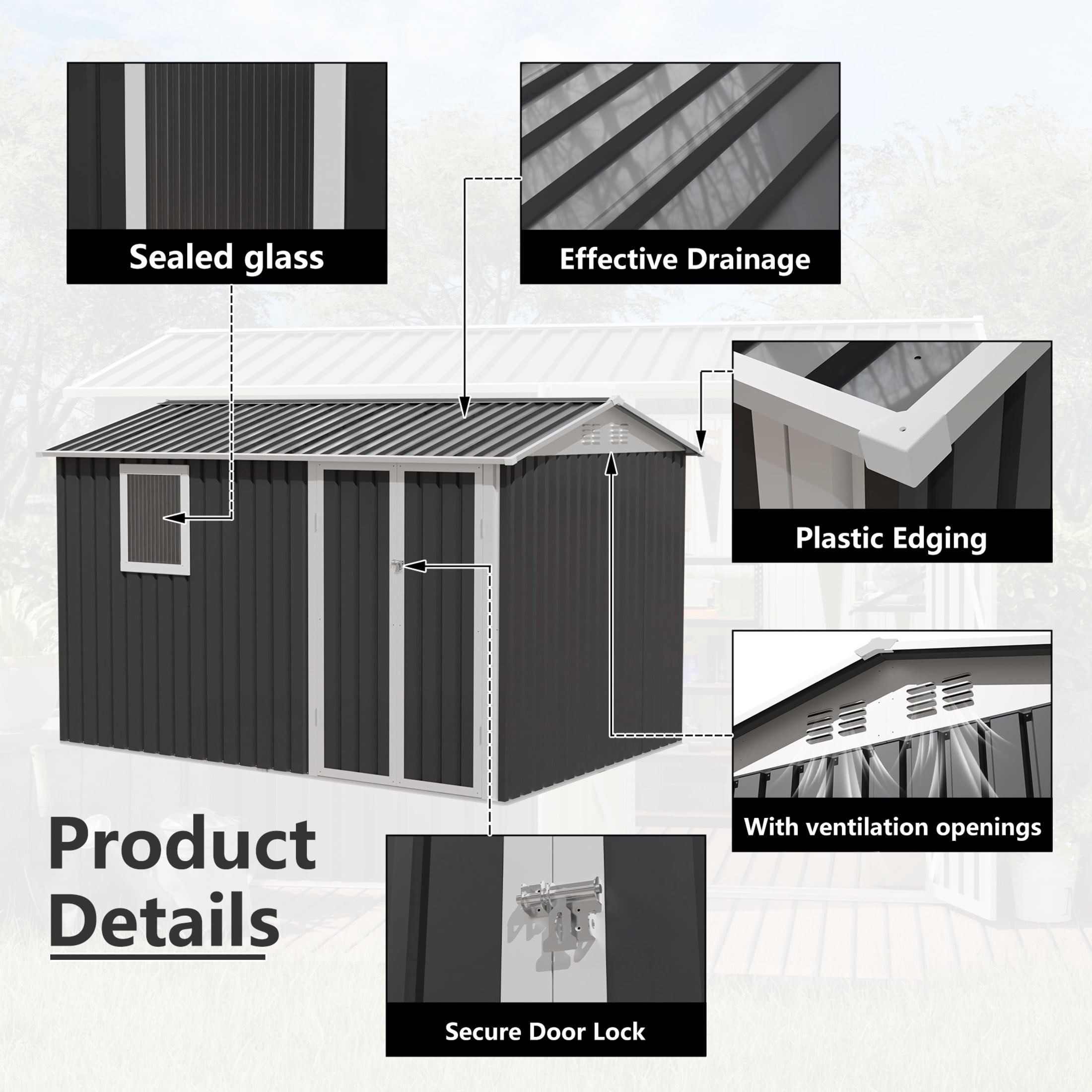 Noble House 9x6 FT Metal Outdoor Garden Shed, Galvanized Steel Backyard Tool Storage House with Window, Grey