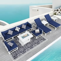 RADIATA 11 Pieces Aluminum Outdoor Patio Furniture Conversation Sofa Set with Fireplace Large Size Luxury Weather Resistant Anti-Rust Thicken Navy Blue Olefin Cushions