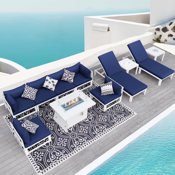 RADIATA 11 Pieces Aluminum Outdoor Patio Furniture Conversation Sofa Set with Fireplace Large Size Luxury Weather Resistant Anti-Rust Thicken Navy Blue Olefin Cushions