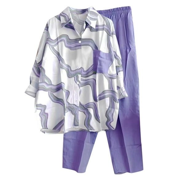Women's 2 Piece Pants Sets - Aesthetic Printed Long Sleeve Button Up Lapel Shirt and Wide Leg Pant Lounge Outfits (XL, Purple)