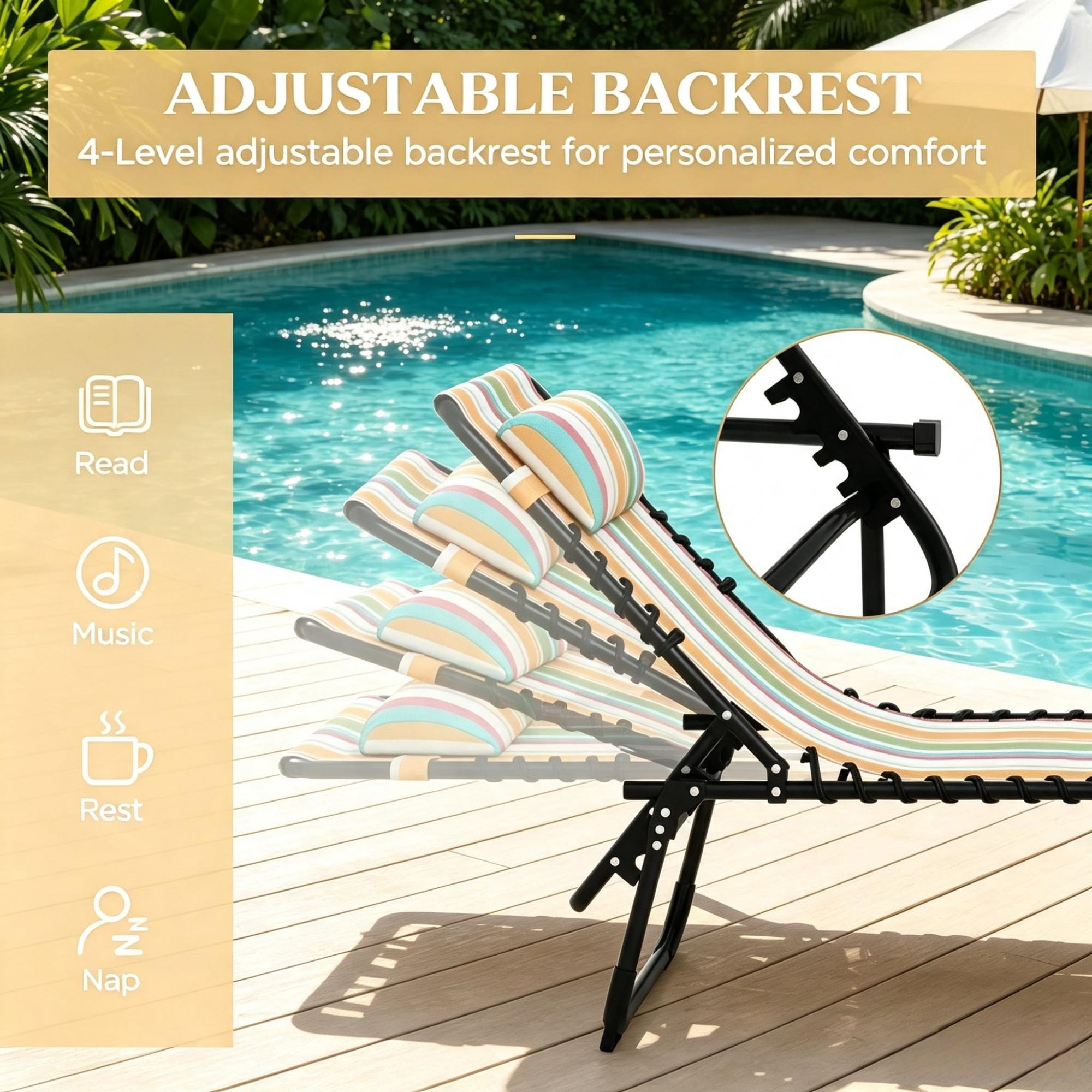 2 Folding Outdoor Lounge Chairs, for Beach Camping Use, Pillow, Mesh & Bungee Seat, Striped
