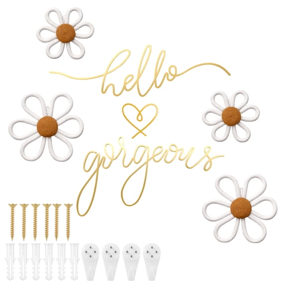 Hello Gorgeous Wall Decor Set, Gold Metal Wire Word Art with Daisy Flowers Minimalist Wall Sign for Bedroom Bathroom