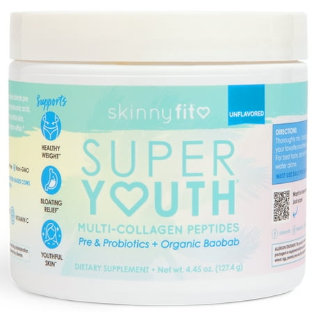 SkinnyFit Super Youth Collagen, Multi Collagen Peptides Powder, Probiotics, Fiber, Hyaluronic Acid, Anti-Aging, Gut Health Support, NON GMO, Gluten Free, Sugar Free, Unflavored, 14 Servings