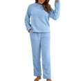 thumbnail image 3 of BLOCLOALO 2 Piece Lounge Set Pullover Crewneck Sweater Women's Trousers of Pure Color Long Sleeve Winter Plush Sweater Knitting Set Long Sleeve Tops Leisure Wear Sets Casual Sets for Women Blue L, 3 of 8