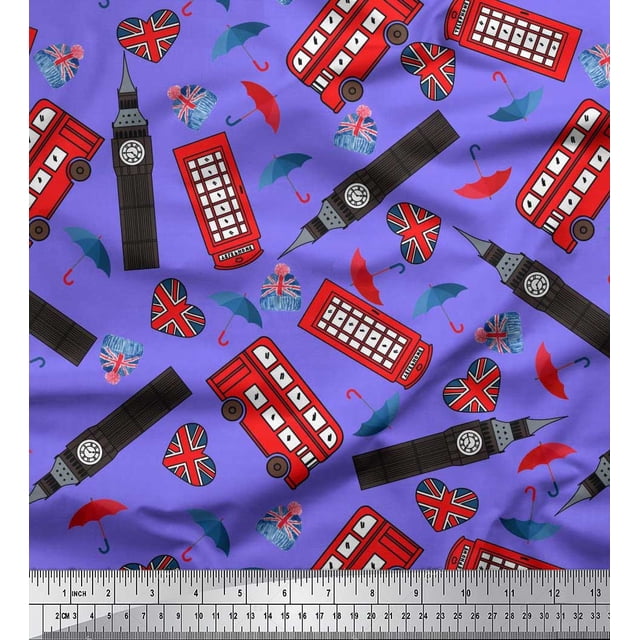 Soimoi Rayon Fabric Bus,Telephone Booth & London Clock Tower Architectural Decor Fabric Printed Yard 56 Inch Wide