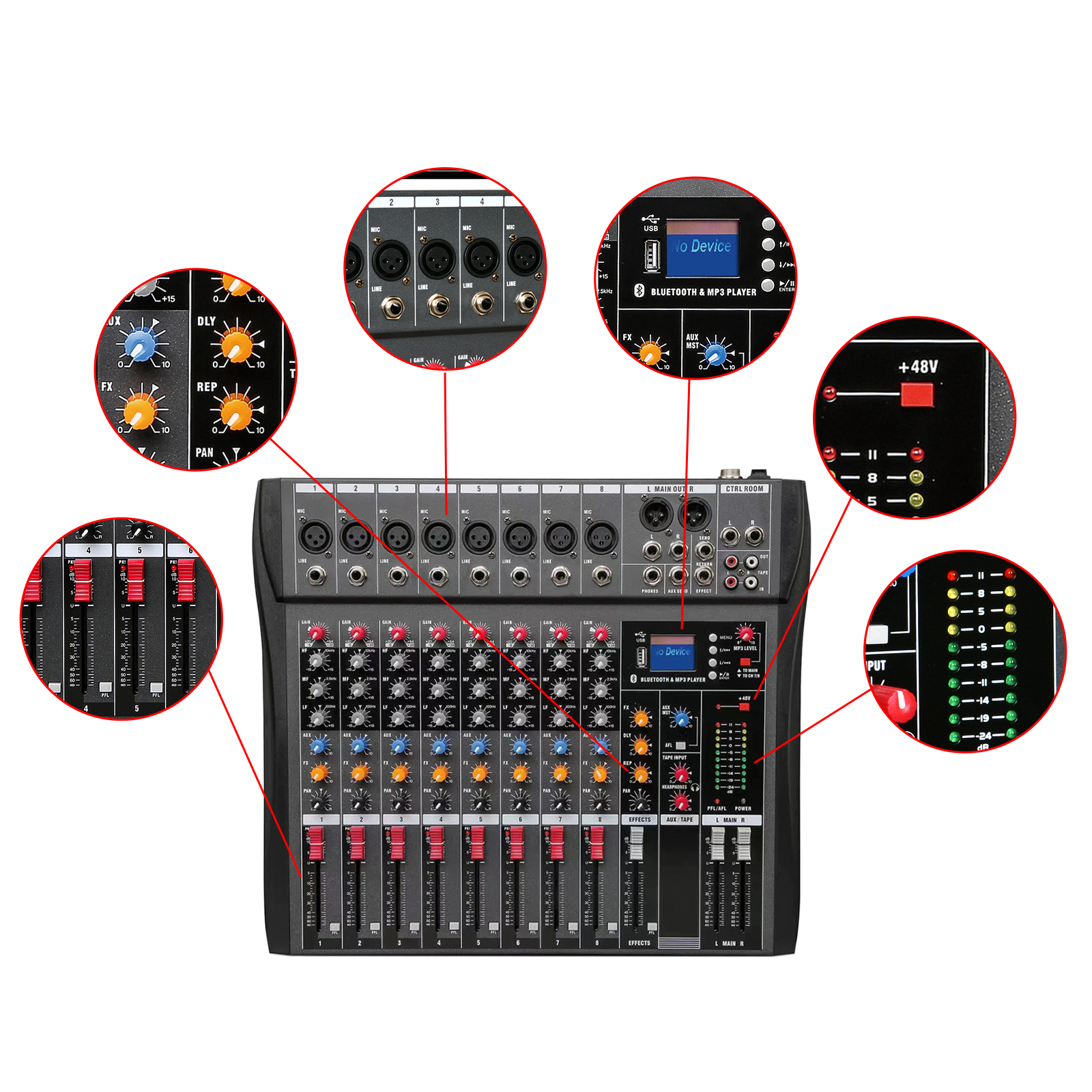 Koomaha 8 Channel Mixing Console Sound USB Bluetooth Live Studio Audio Mixer
