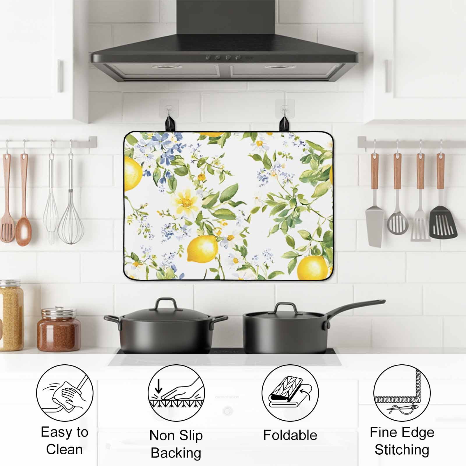 Summer Lemon Stove Top Cover for Electric Stove, Heat-proof & Non Slip Glass Top Stove Cover Protector, Watercolor Yellow Spring Floral Botanical Kitchen Flat Cooktop Rubber Mat 24x21 Inches