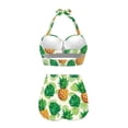 thumbnail image 4 of Renewold Tropical Pineapple Swimsuits for Curvy Women Palm Leaves Tie Side Halter Bikini Sets, Green V Neck Top Mid Rise Swimsuit Size M Fashion Padded Beachwear, Set of 2, 4 of 6