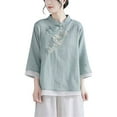 thumbnail image 2 of Embroidered 3/4 Sleeve Boho Tops Linen Clothing For Women Chinese Frog Casual Blouses Chinese Frog Button Tees Boho Peasant Gauze Blouses Peasant Blouse Womens Gauze Tops Womens Summer Tops Green L, 2 of 5