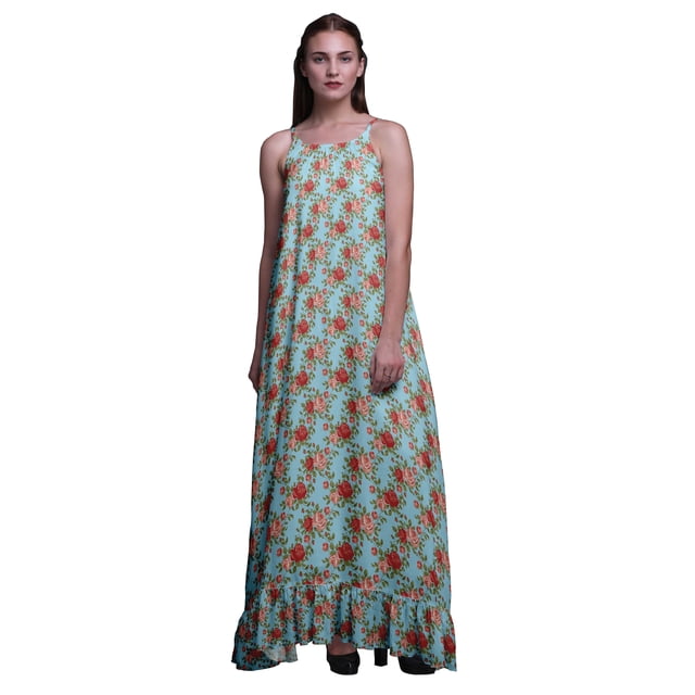 Bimba Nuisette Bleu Clair à Fleurs et Roses pour Femmes, Robe de Nuit Imprimée à Bretelles Spaghetti, Robe Maxi de Nuit Petite