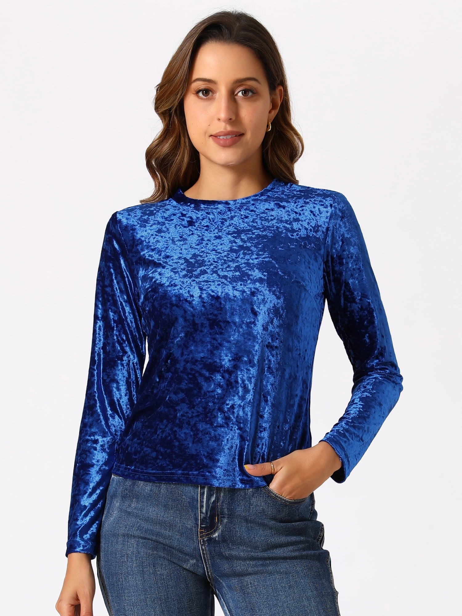DARING DIVA Velvet Tops Round Neck Casual T-Shirt S Royal Blue