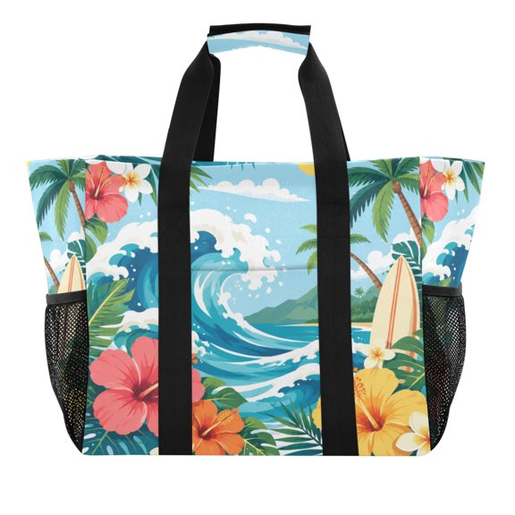 Large Handbag Waterproof Tote Laundry Bag Beach Bag Pool Bag Travel Tote Bags Kitchen Reusable Grocery Bags Wave Palm Tropical