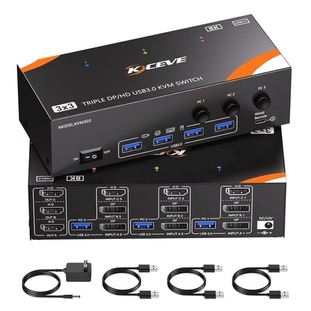 KVM Switch 3 Monitors 3 Computers 8K@60Hz/4K@120Hz, HDMI DP KVM Switches for 3 PC Sharing Triple Monitor and Keyboard Mouse with Power Adapter, Wired Extend Controller and USB3.0 Cables