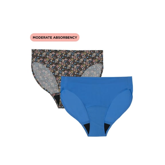 No Boundaries Bikini Moderate Absorbency Period Underwear, 2-Pack, Women’s XS-XXL