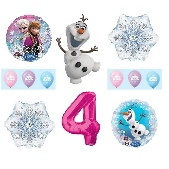 Frozen 4th Birthday Anna ELSA Olaf Snowman Snowflake 12 Piece Birthday Party Balloons Bouquet Set Pink