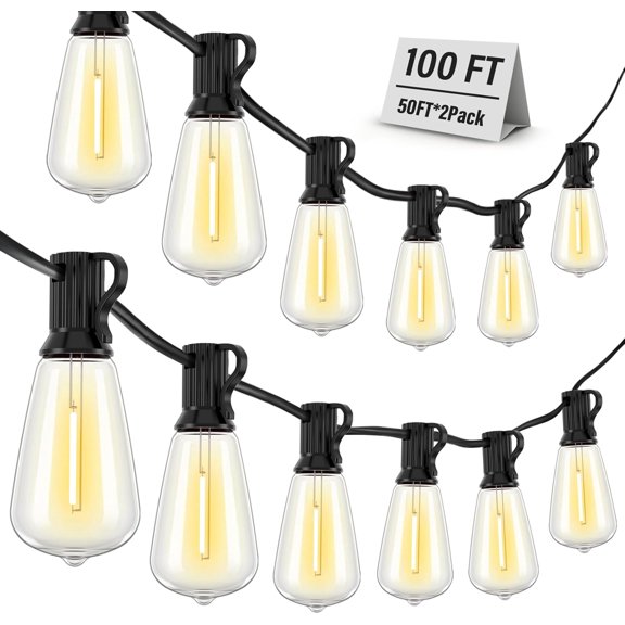 Outdoor String Lights Waterproof, 100FT (50FT 2Pack) Patio Lights Outdoor with 54 ST38 Edison Bulbs (4 Sqare), Hanging Lights with Plug in Cord for Porch, Backyard, Bistro, Garden, 2700K
