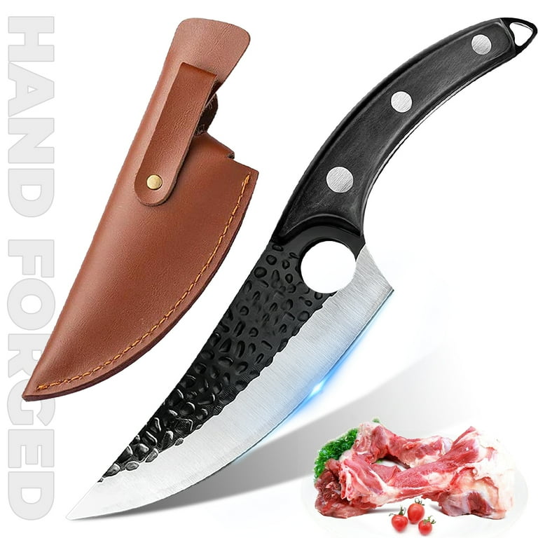 Huusk Chef Knife Set Hand Forged Meat Cleaver for Meat Cutting Boning Knife  with Sheath Outdoor Cooking Camping Knife Set