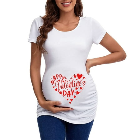 

Zlekejiko Valentines Day Womens Maternity Short Sleeve Crew Neck Letter Graphic Ruched Sides T Shirt Tops Pregnancy Tunic Blouse