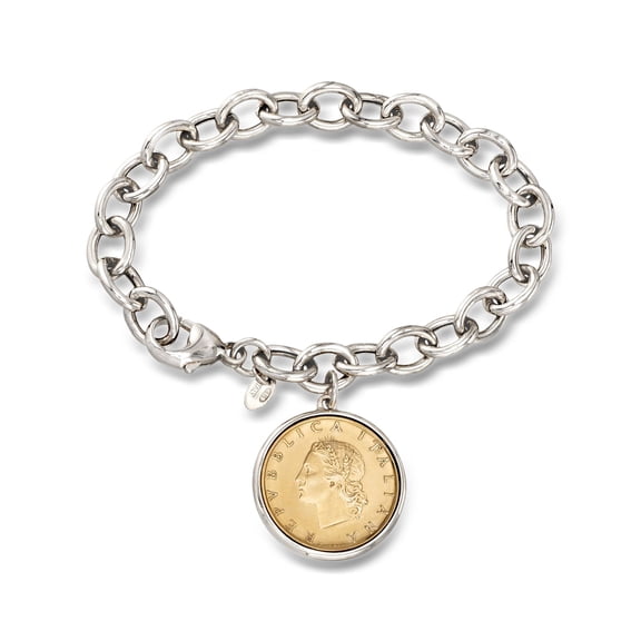 Ross-Simons Italian Genuine 20-Lira Coin Charm Bracelet in Sterling Silver, Women's, Adult