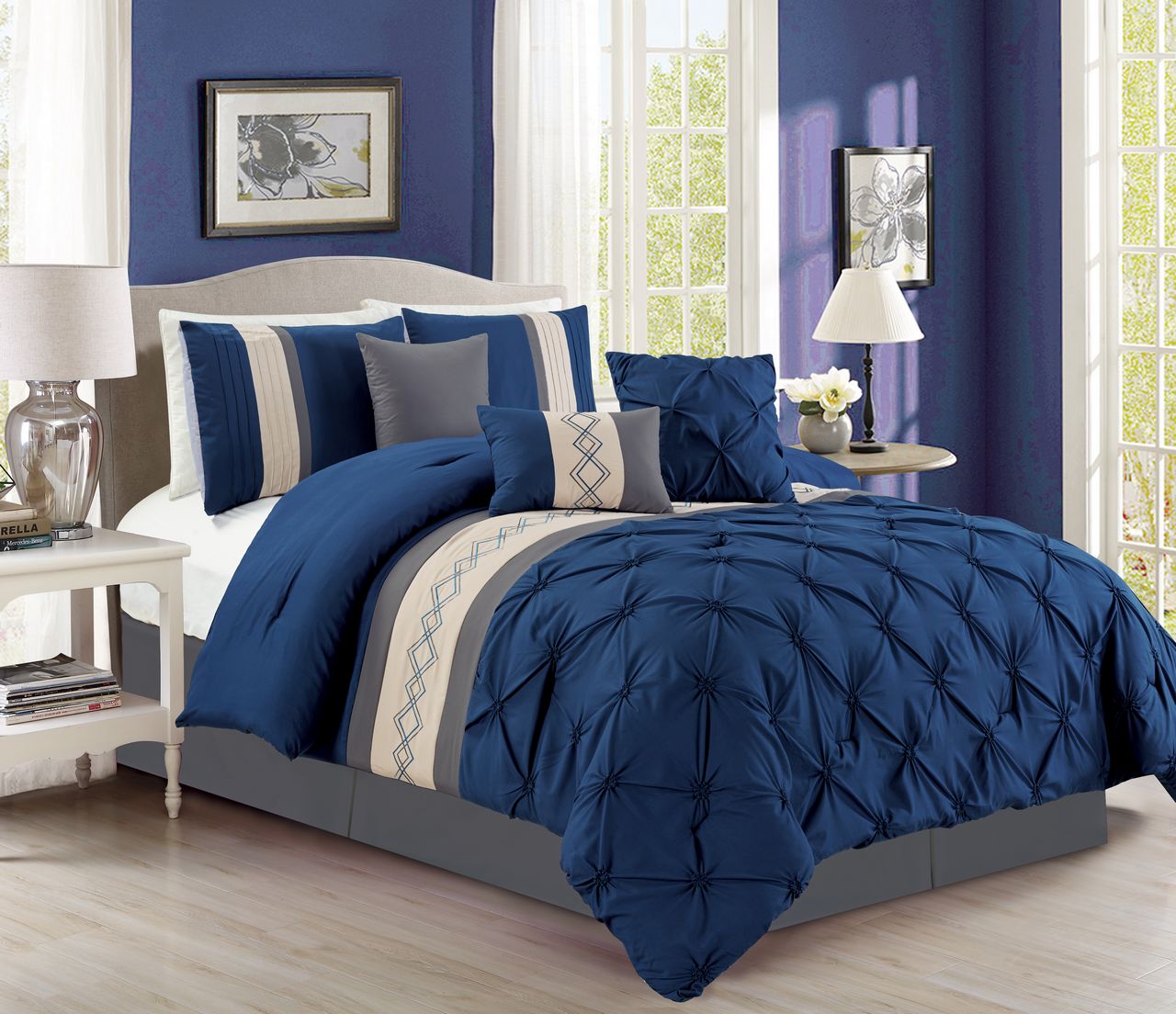 7 Piece Pintuck Pinch Pleated Navy Ivory Comforter Set Walmart Com
