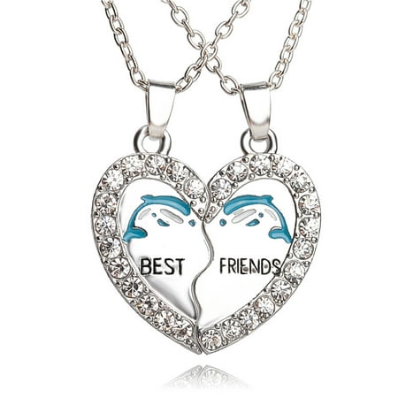BEST FRIEND Dolphins Heart Silver Tone 2 Pendants Necklace BFF Friendship