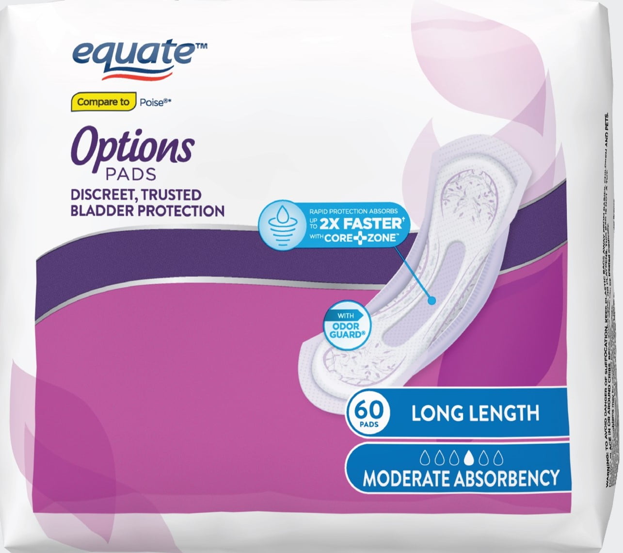 Equate Options Women's Incontinence Pads, Moderate Absorbency, Long Length, 60 Count