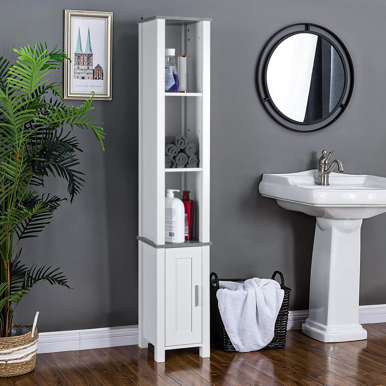Kadyn White Bathroom Cabinet Linen Tower, Narrow Tall Cabinet Storage Tower with 3 Open Shelves and 1 Door, Free Standing Small Bathroom Storage Cabinet Kadyn White Bathroom Cabinet Linen Tower, Narrow Tall Cabinet Storage Tower with 3 Open Shelves and 1 Door, Free Standing Small Bathroom Storage Cabinet
