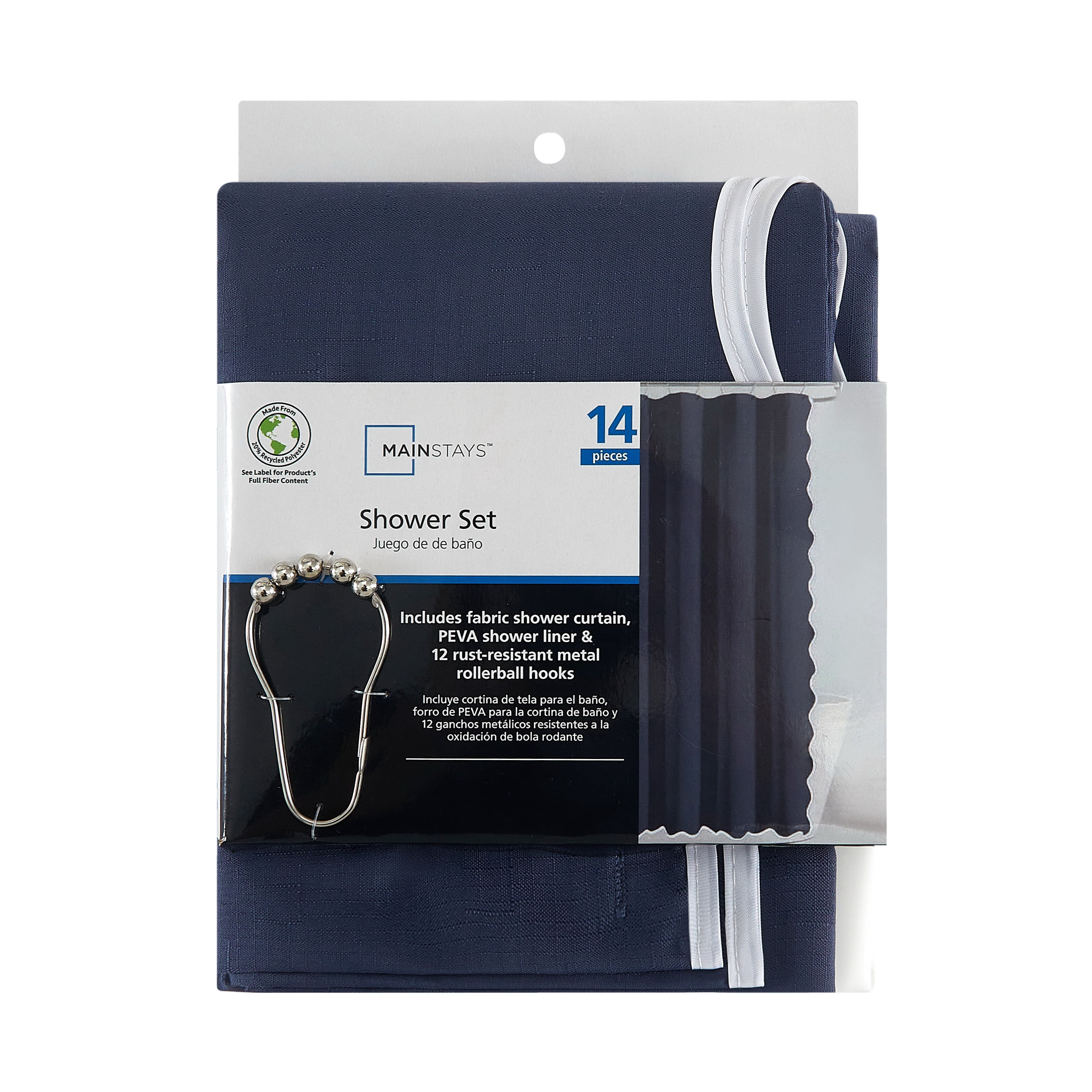 Mainstays Scalloped 14-Piece Blue Fabric Shower Curtain Set with Rollerball Hooks, 72 in x 72 in
