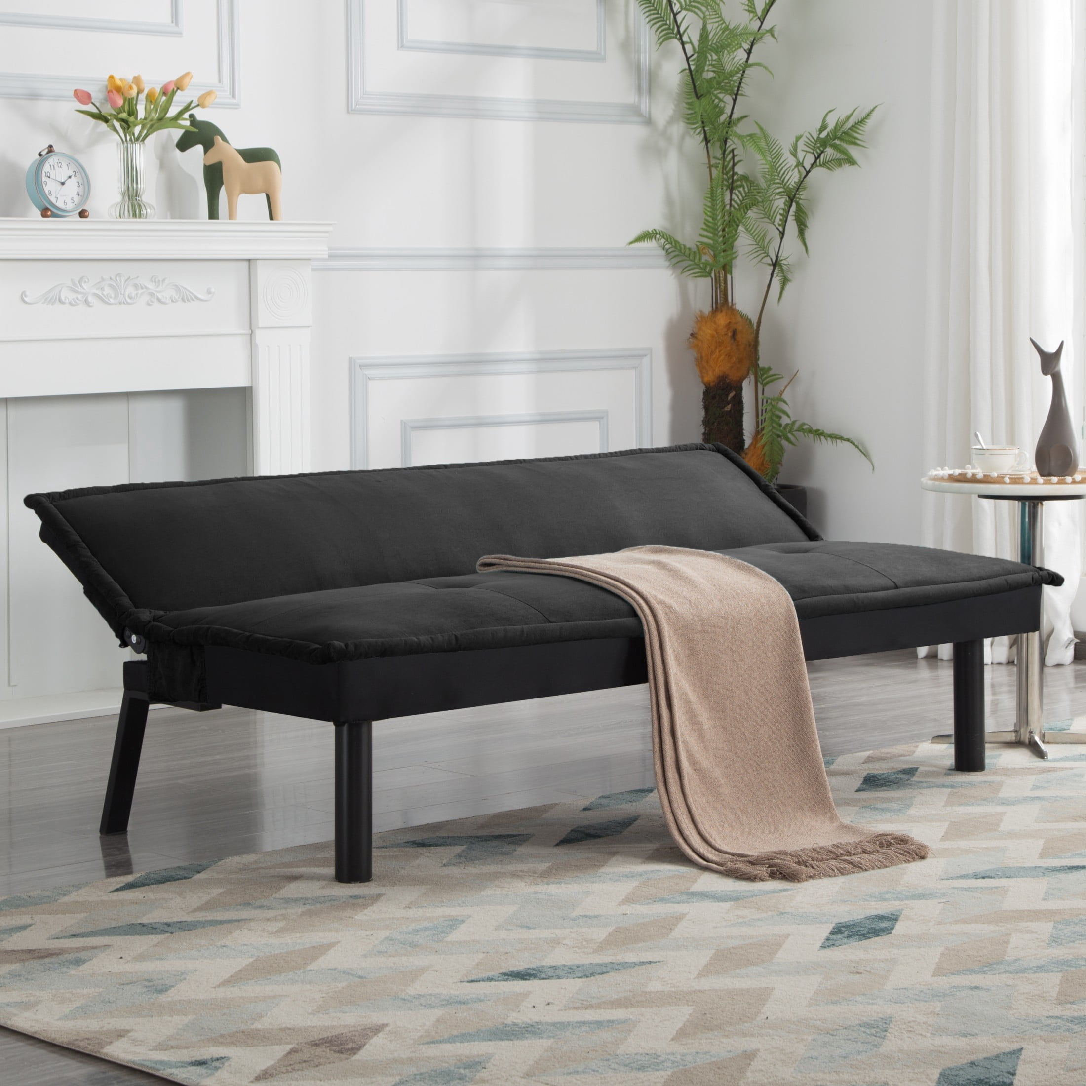 Gewnee 64.6" Convertible Sleeper Sofa Bed, Velvet Futon Couch with Push-Back Mechanism, Modern Sofa Bed for Living Room, Guest Room, Small Space(Black)