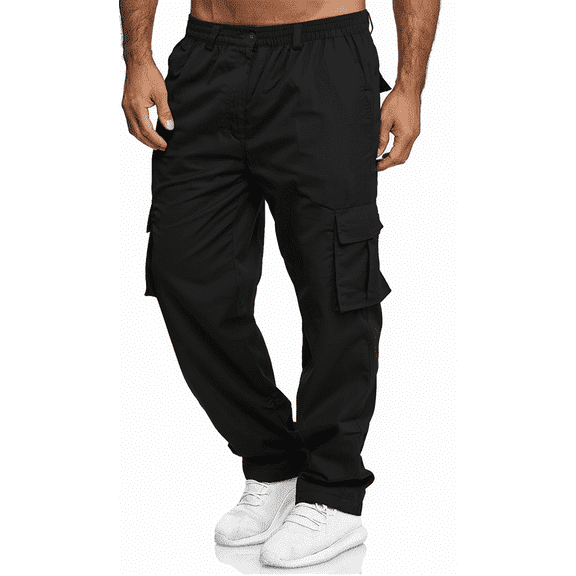 Puztloy Men's Cargo Work Pants Jogger Trousers Relaxed Fit Slacks Straight Leg Lightweight Slacks with Multi Pockets Black