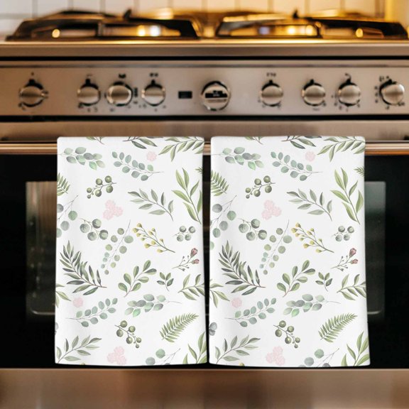 Green Leaves Summer Kitchen Towels Set of 1, Pastoral Plants Herbs Rustic Absorbent Dish Towels for Kitchen, Microfiber Hand Towel, Quick Drying Tea Towel for Cleaning Decorative Dishcloths