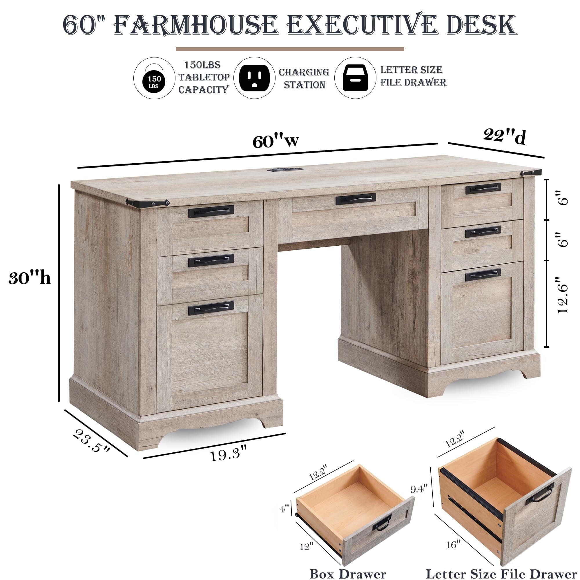 OKD Farmhouse Executive Desk, Rustic Office Desk with Charging Station and Keyboard Tray,Home Workstations with File Drawer, Storage Cabinet,Wood Computer Writing Desk, Light Rustic Oak