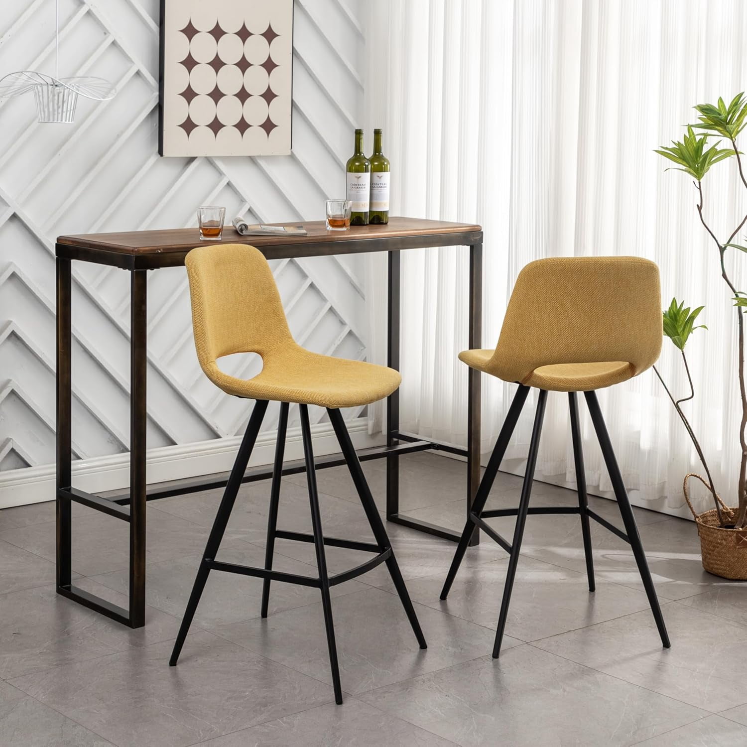 28.25" Counter Height Bar Stools Set of 2, Yellow Linen Upholstered Bar Chairs with Hollow Cutout Back, Black Metal Legs & Footrest for Kitchen Island Home Bar