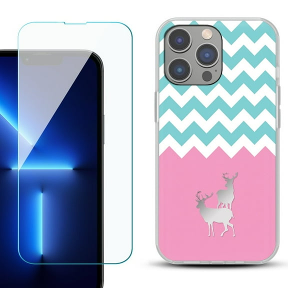 Slim-Fit Gel TPU Phone Case for iPhone 14 Pro Max, with Tempered Glass Screen Protector, by OneToughShield ® - Chevron/Teal/Deer