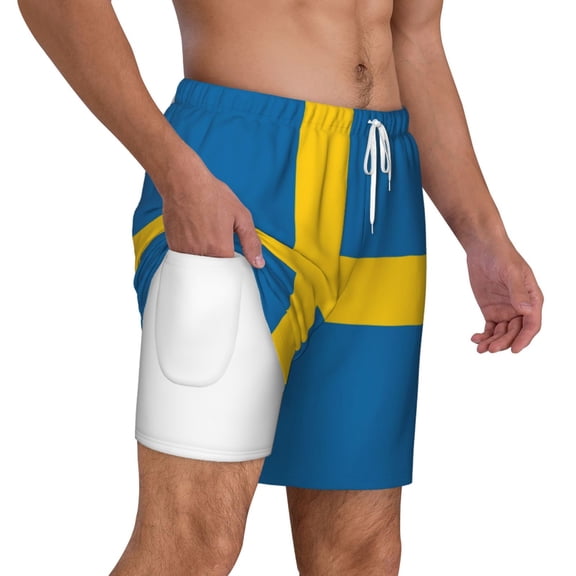 Mens Swedish Flag 2 in 1 Quick Dry Swim Trunks with Compression Liner Beach Shorts